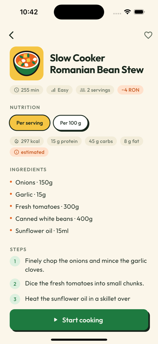 Recipe detail with nutrition